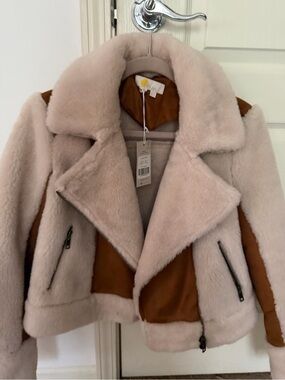 Boden Faux Shearling Moto Jacket in Blush Pink and Brown Suede Panels